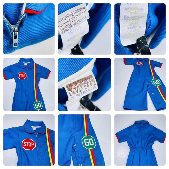 Vintage Montgomery Ward Color Block STOP GO Mechanic Longalls Romper Outfit 18m - Picture 6 of 13